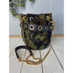 Camo Calf Hair Bucket Bag Gold Chain Crossbody Camouflage Drawstring Handbag